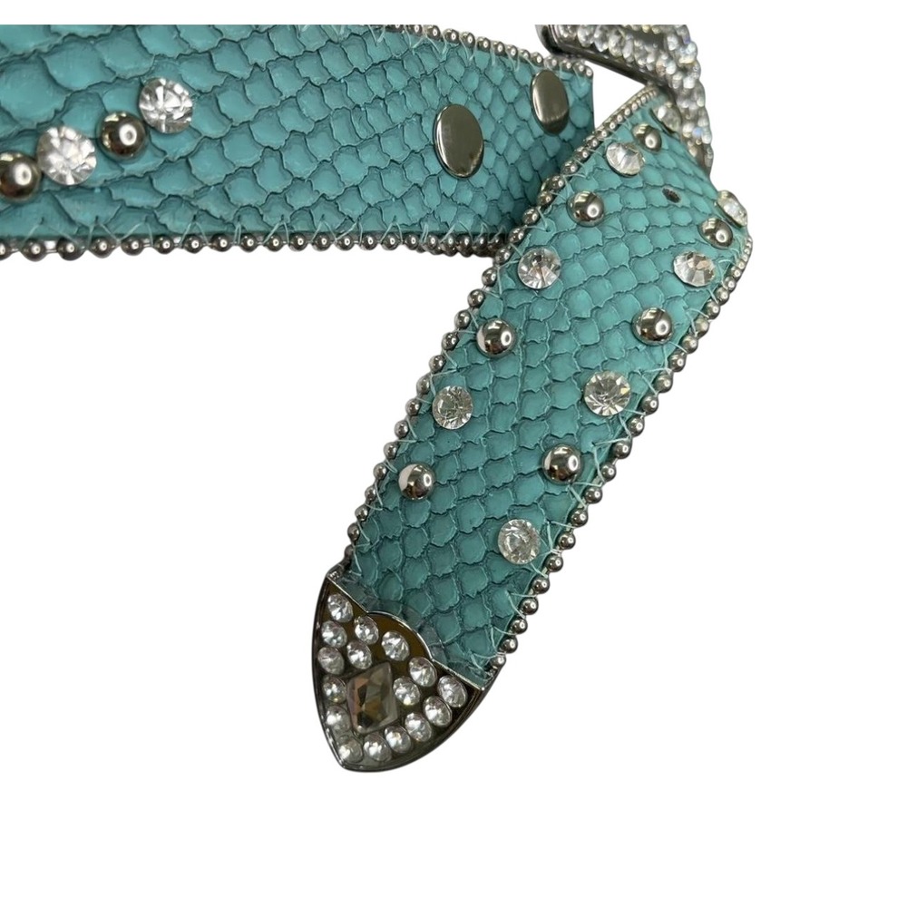 Western Teal Alligator Leather Belt Silver Stud Crystal Rhinestone Conchos Small - Picture 3 of 8